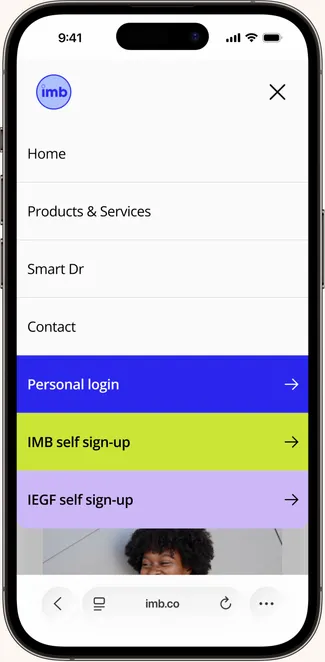 IMB navigation menu on a phone