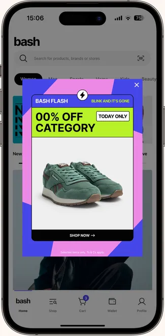 A Bash Flash deal as an in-app takeover